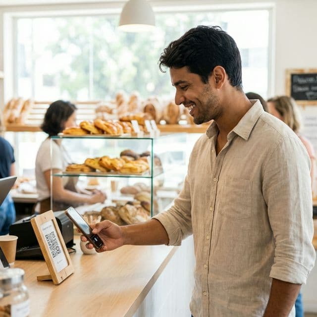 Cliente escaneando QR Code no balcão